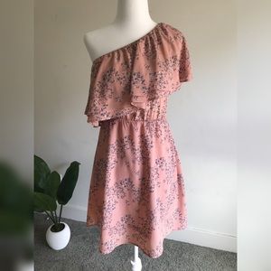 Pink Floral One-Shoulder Ruffle Dress